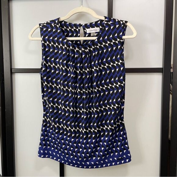 [s] Calvin Klein Black, White & Blue Geometric Patterned Sleeveless Blouse Tank - Picture 3 of 14